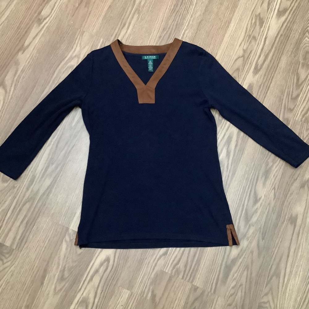 Lauren Ralph Lauren Size M Navy Blue Brown Trim Neckline Women Top 3/4 Sleeve